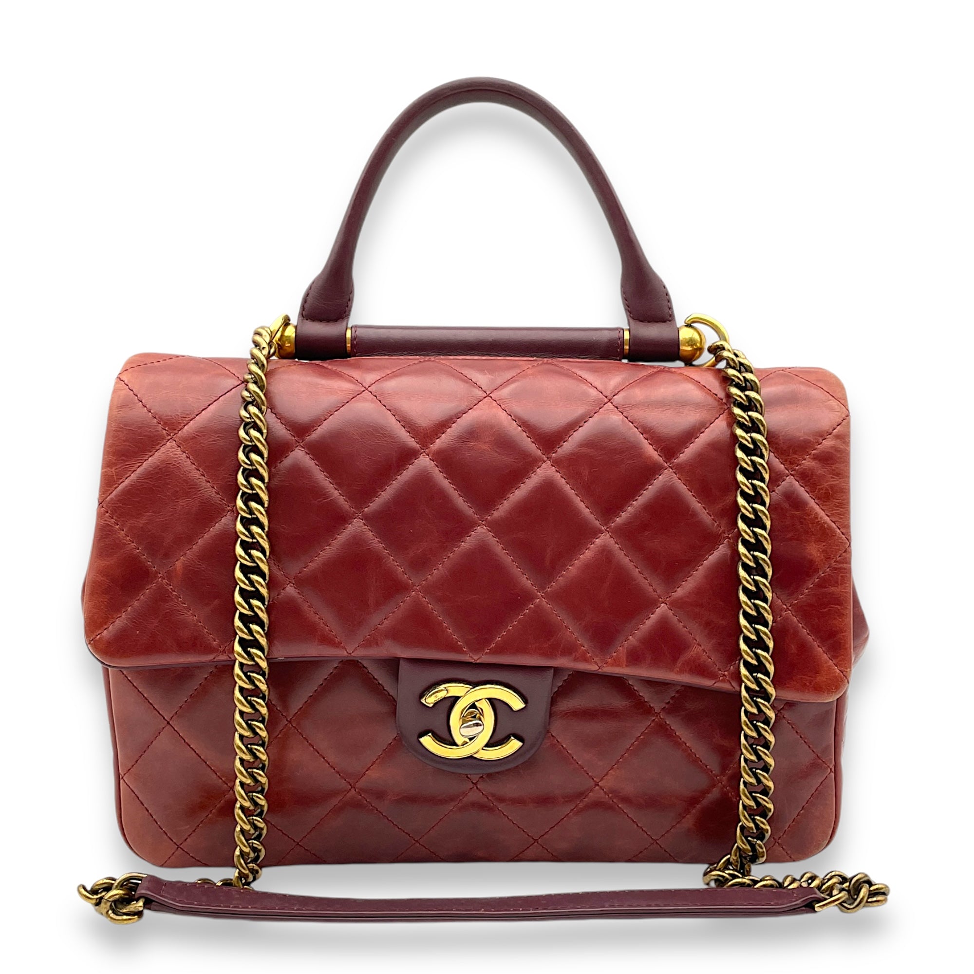 Seasonal Flap Red Top Handle Bag in Glazed Calfskin, Gold hardware