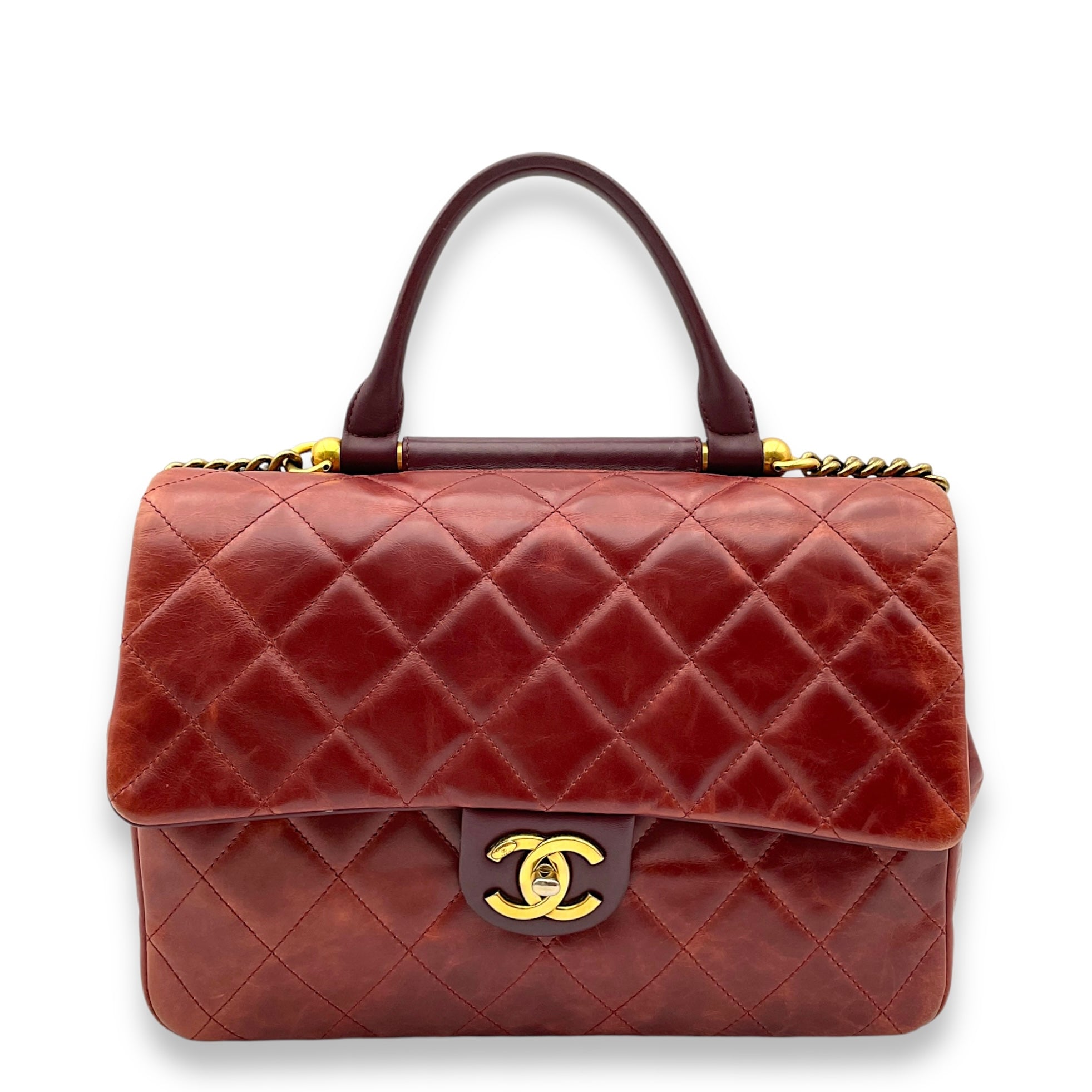 Seasonal Flap Red Top Handle Bag in Glazed Calfskin, Gold hardware