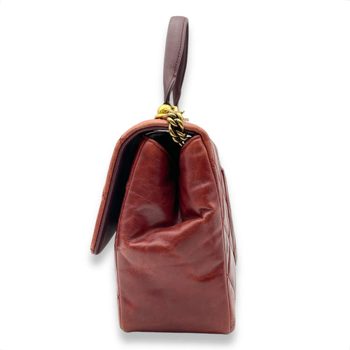 Seasonal Flap Red Top Handle Bag in Glazed Calfskin, Gold hardware