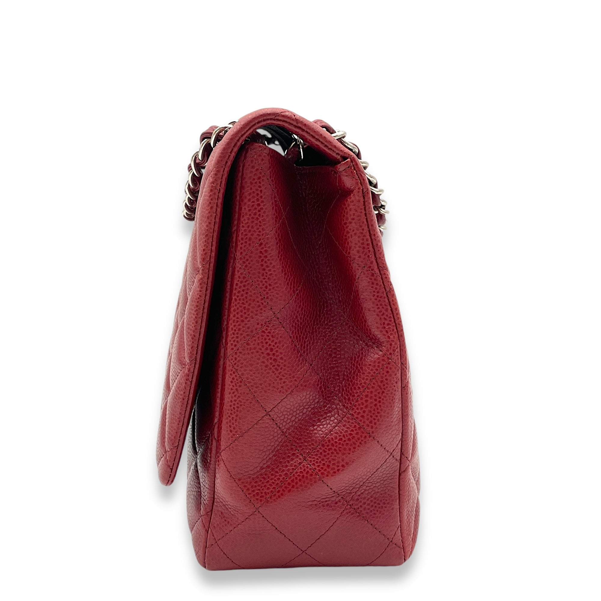 Classic Single Flap Red Shoulder Bag in Caviar Leather, Silver hardware