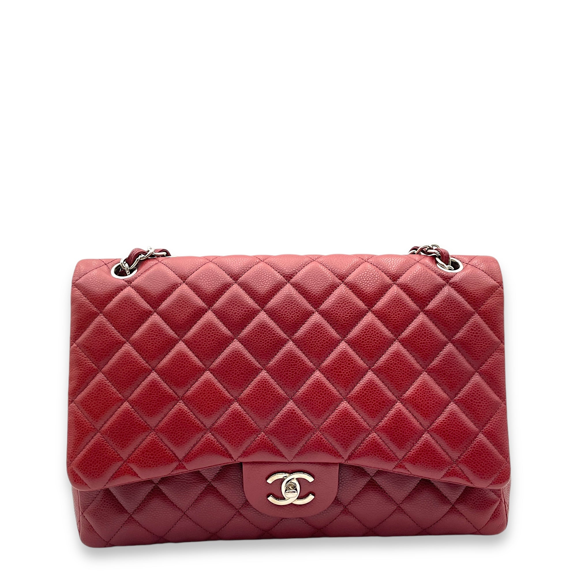 Classic Single Flap Red Shoulder Bag in Caviar Leather, Silver hardware