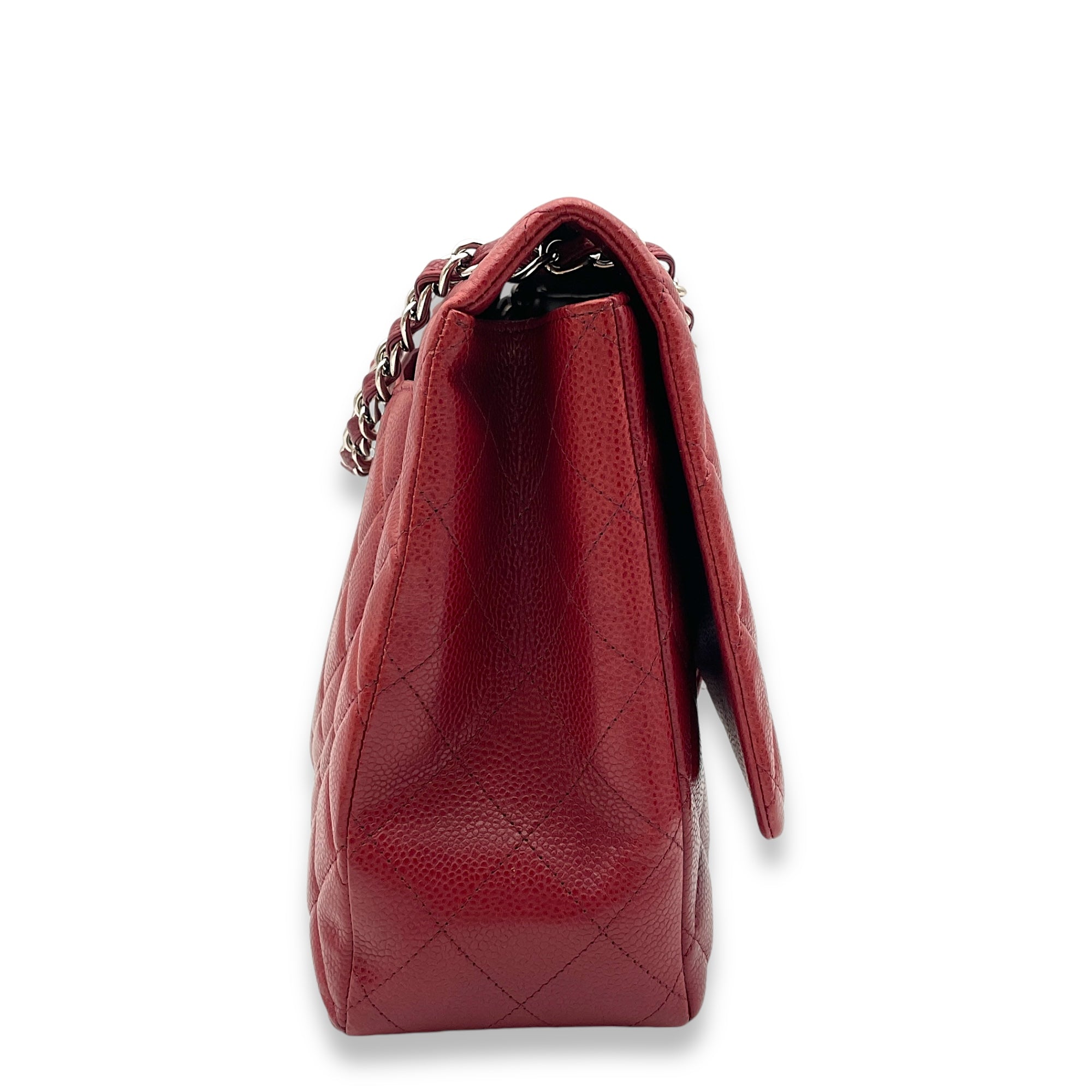 Classic Single Flap Red Shoulder Bag in Caviar Leather, Silver hardware