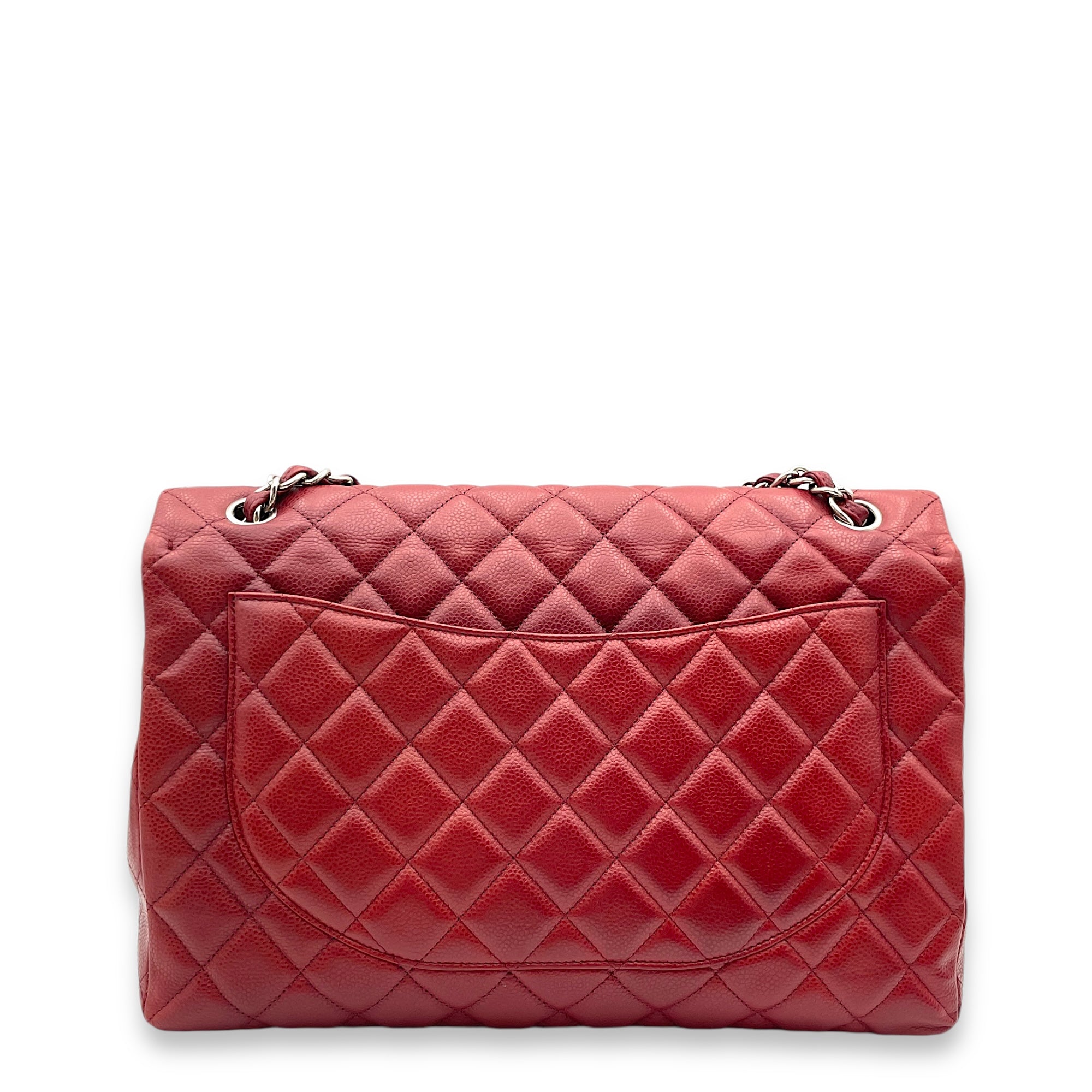 Classic Single Flap Red Shoulder Bag in Caviar Leather, Silver hardware