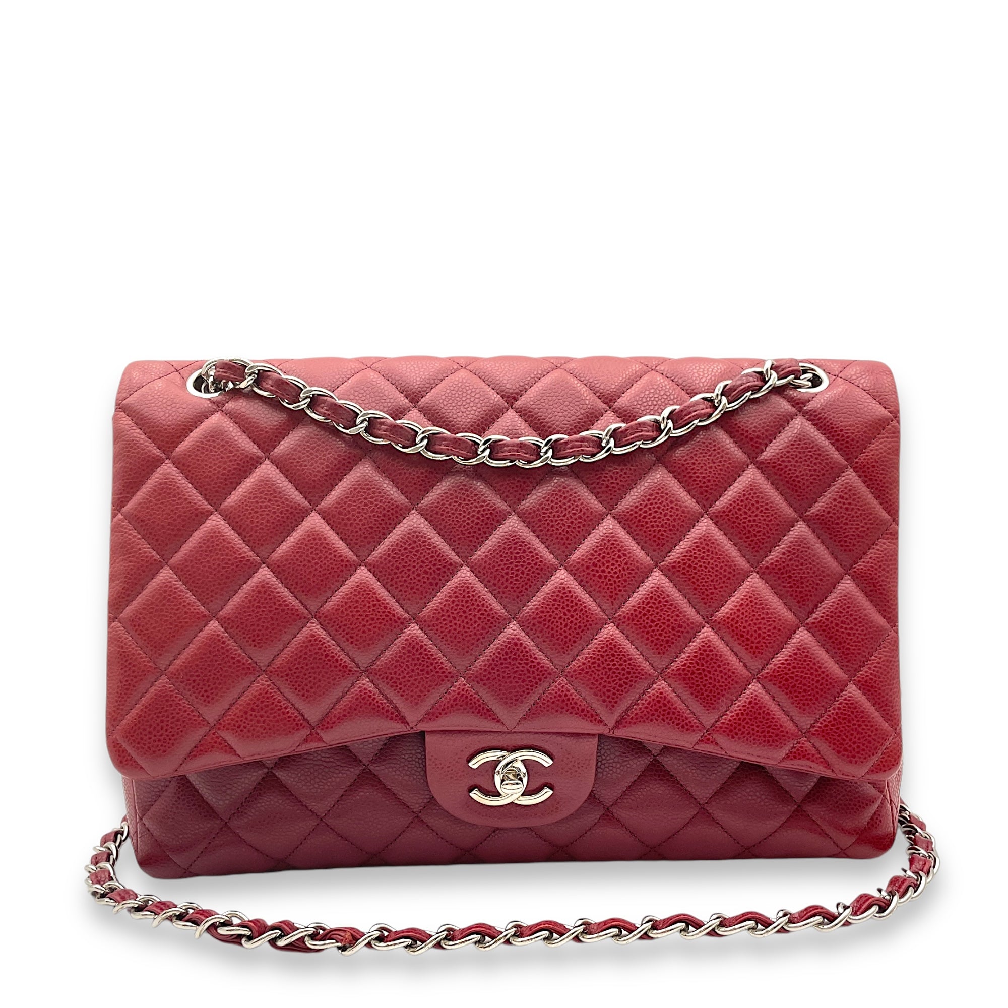 Classic Single Flap Red Shoulder Bag in Caviar Leather, Silver hardware