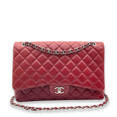 Classic Single Flap Red Shoulder Bag in Caviar Leather, Silver hardware