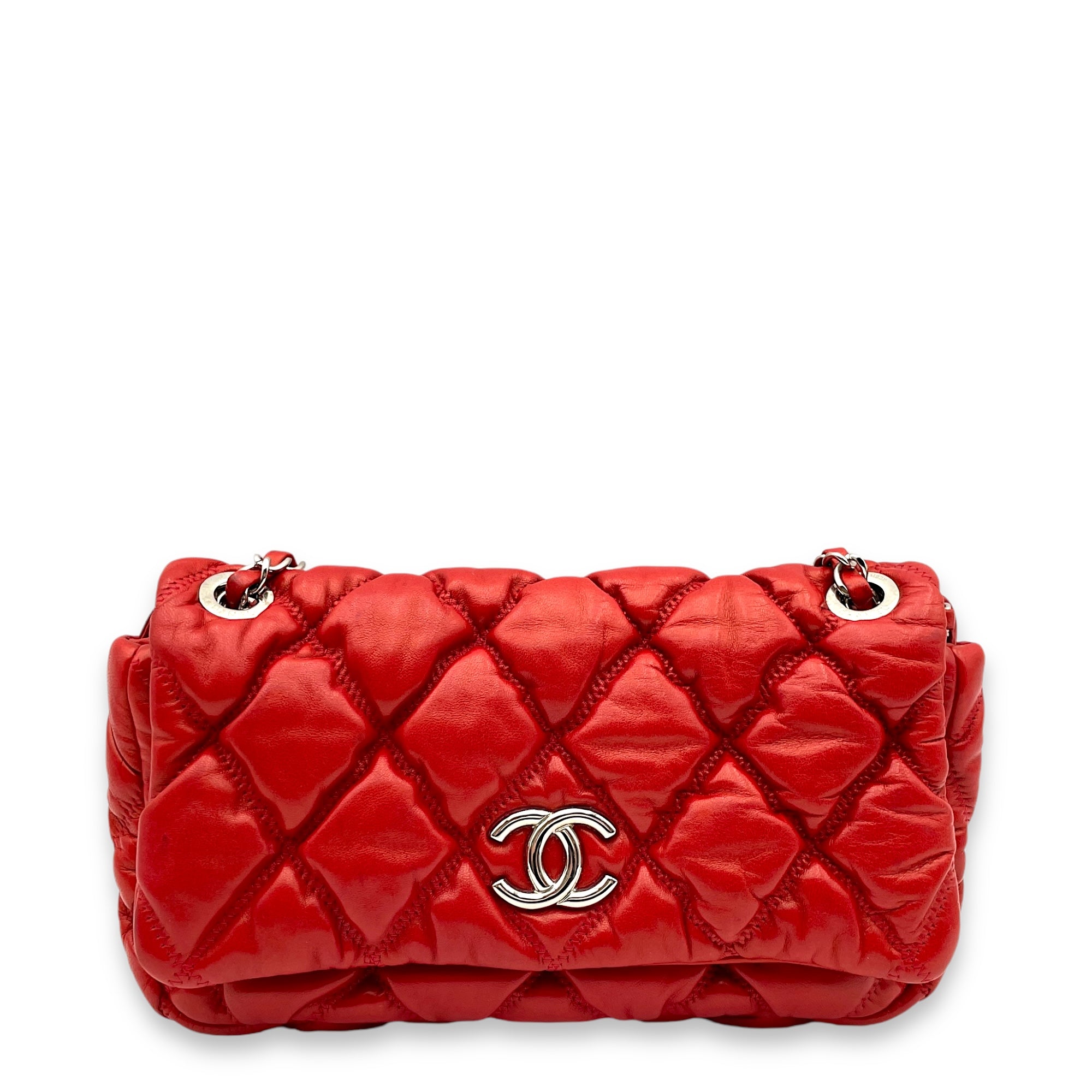 Bubble Quilt Red Shoulder Bag in Lambskin, Palladium hardware