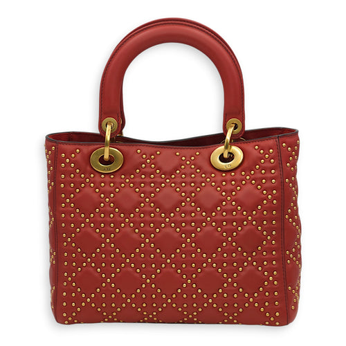 Beaded Lady Dior Red Top Handle Bag in Calfskin, Gold hardware