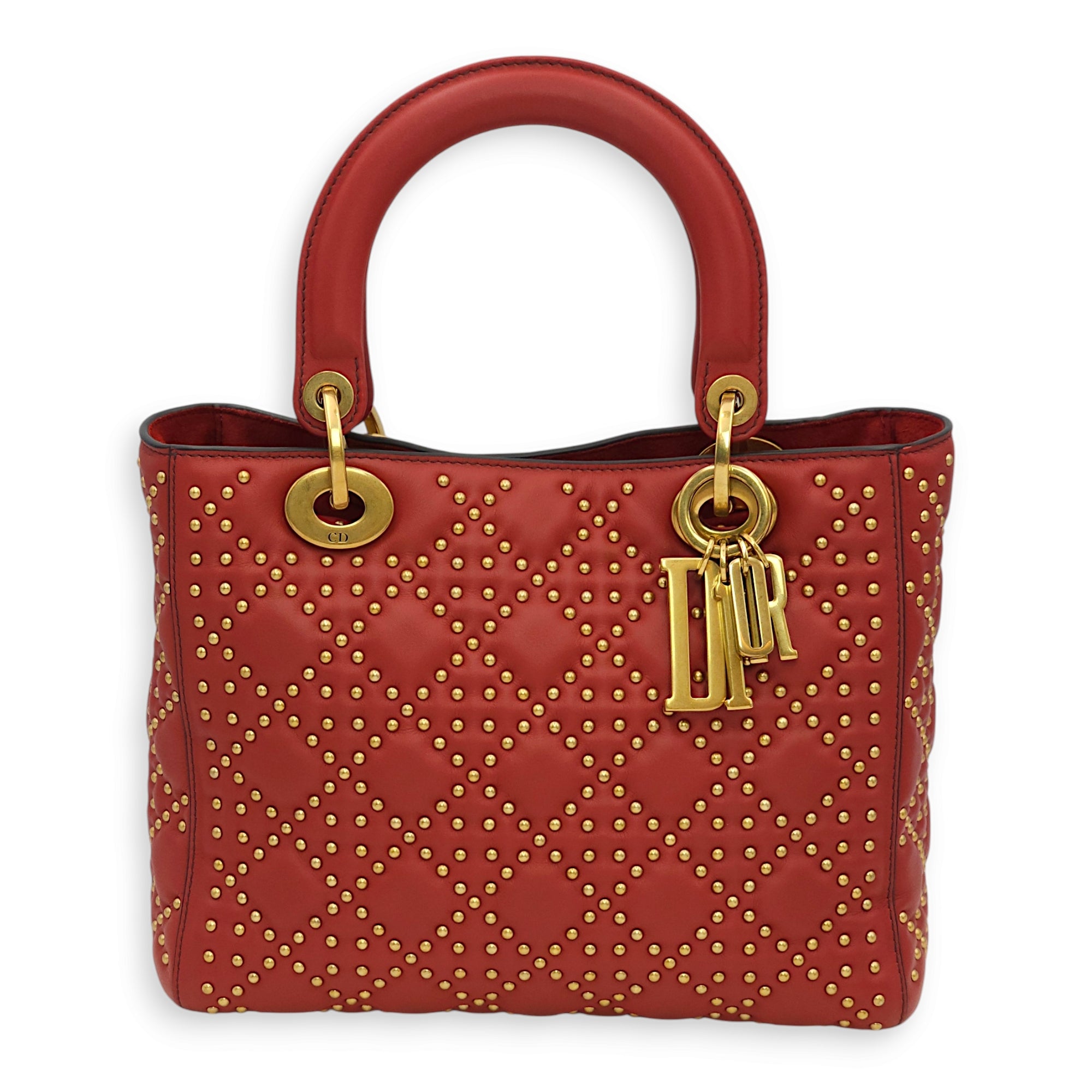 Beaded Lady Dior Red Top Handle Bag in Calfskin, Gold hardware