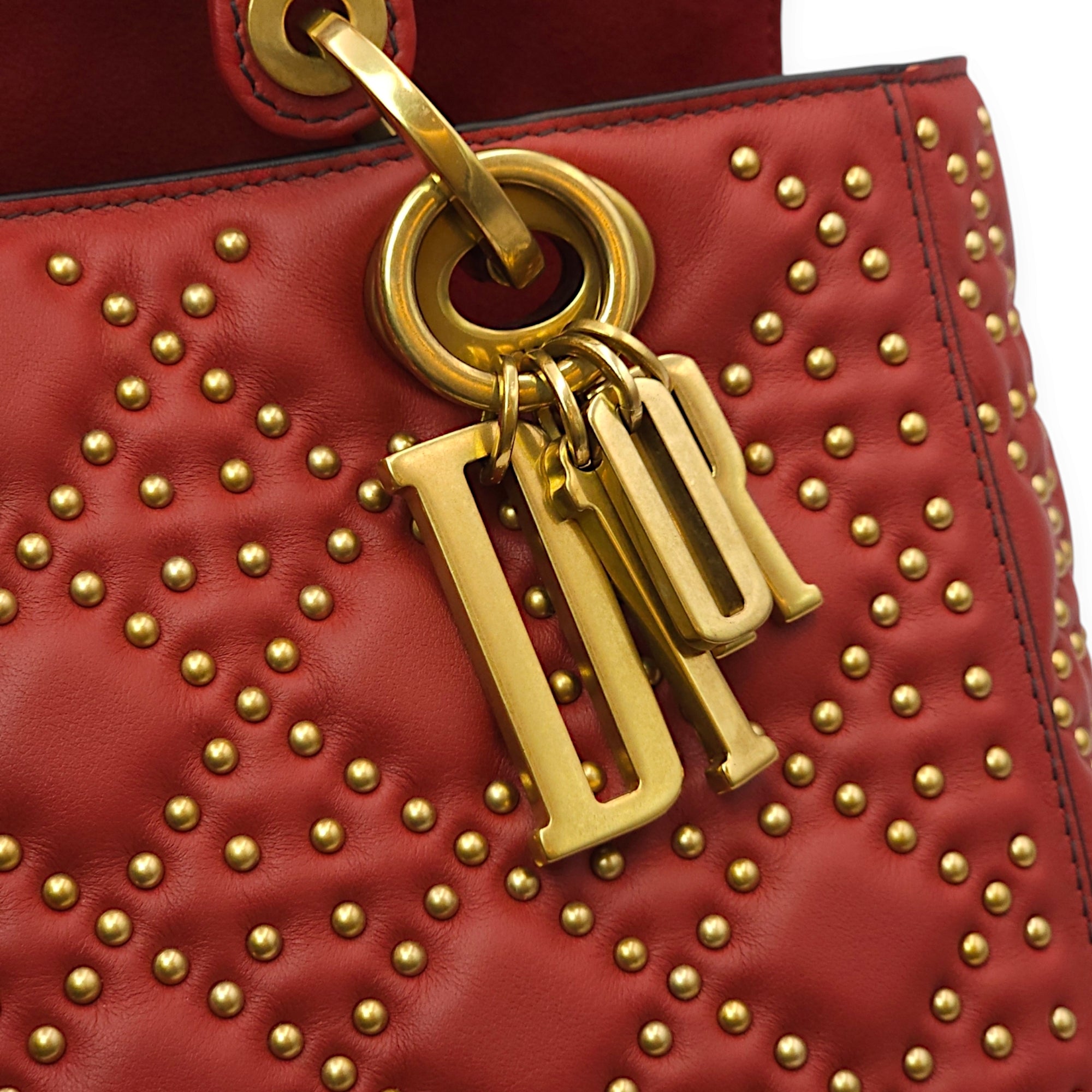 Beaded Lady Dior Red Top Handle Bag in Calfskin, Gold hardware