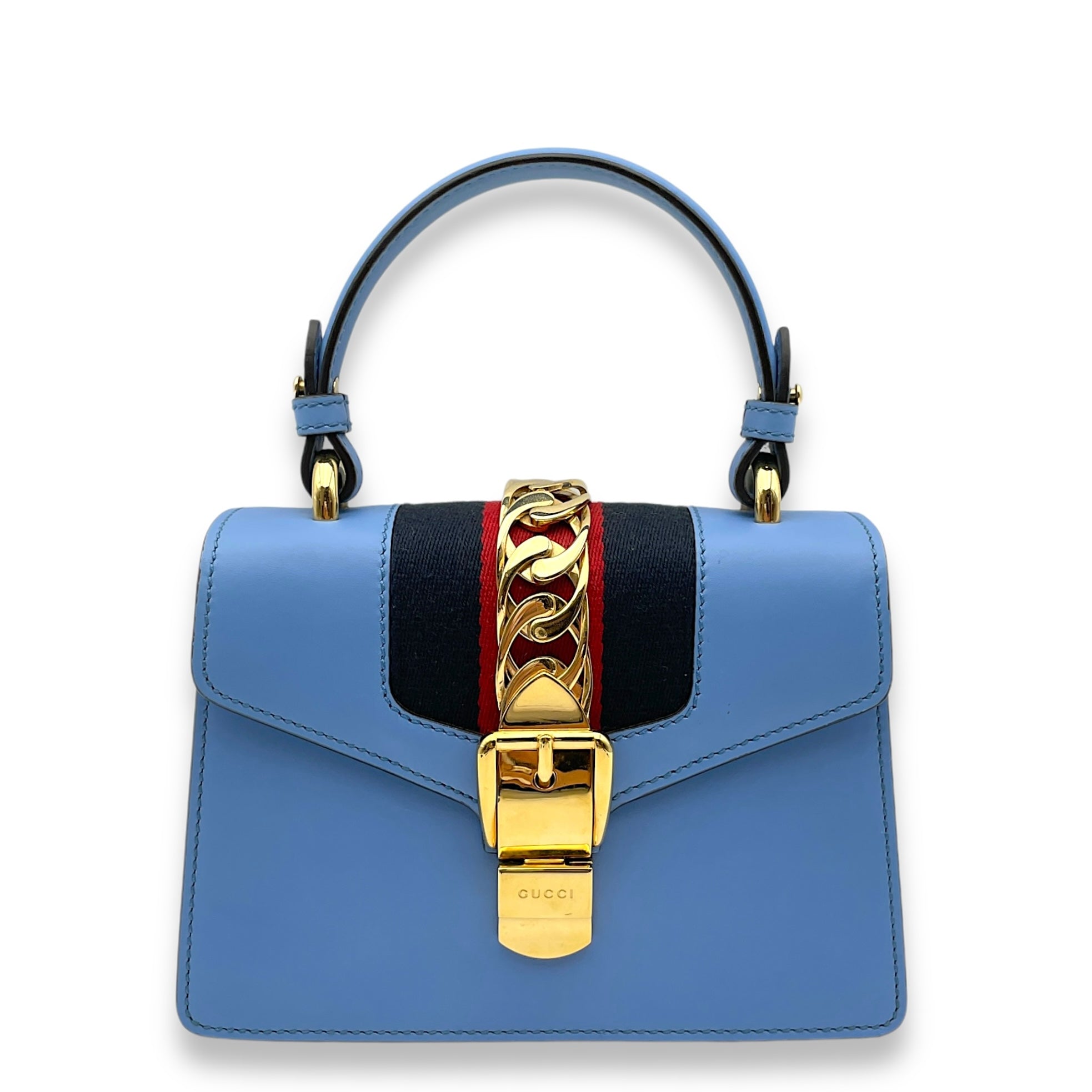 Sylvie Blue Top Handle Bag in Calfskin, Gold hardware