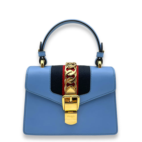 Sylvie Blue Top Handle Bag in Calfskin, Gold hardware