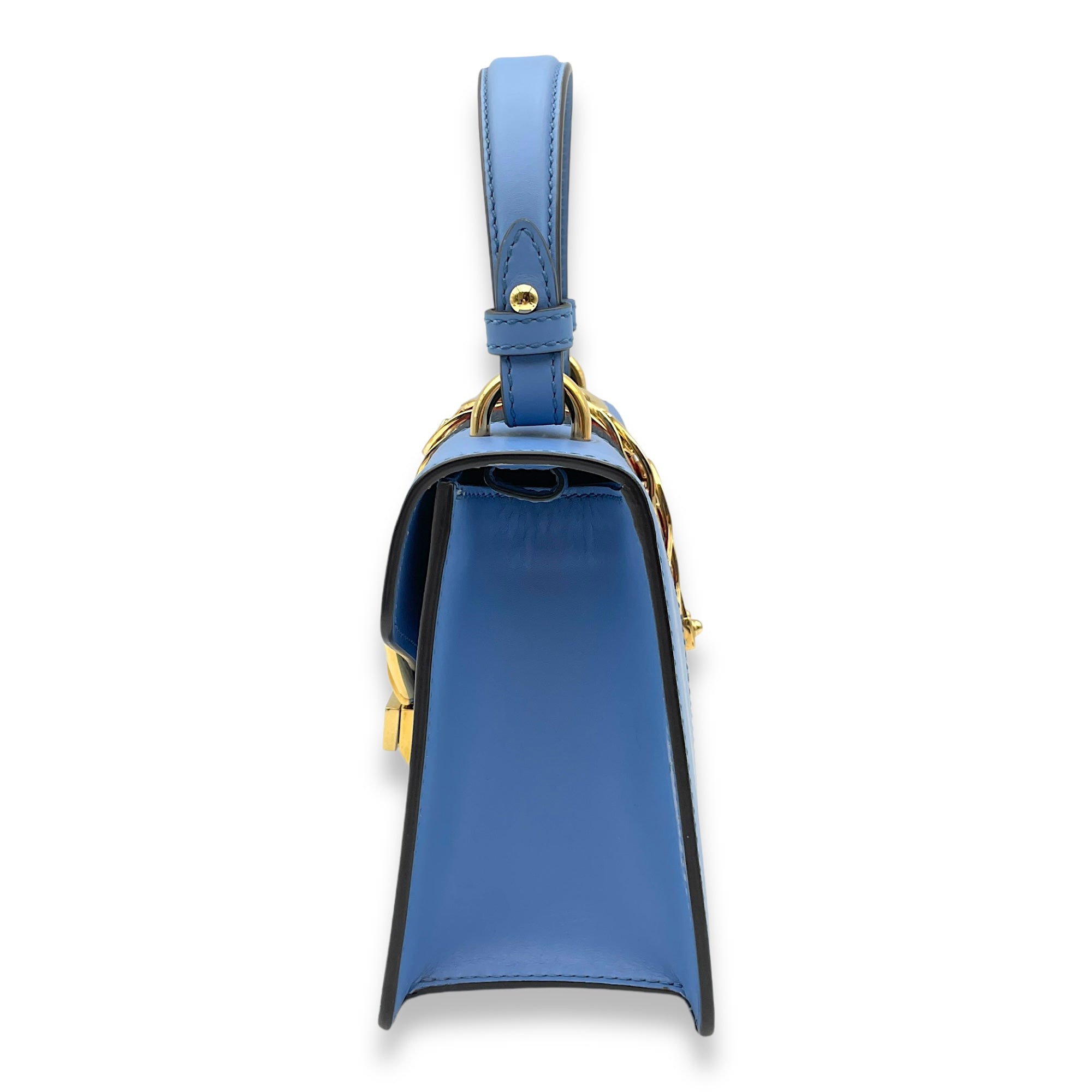 Sylvie Blue Top Handle Bag in Calfskin, Gold hardware