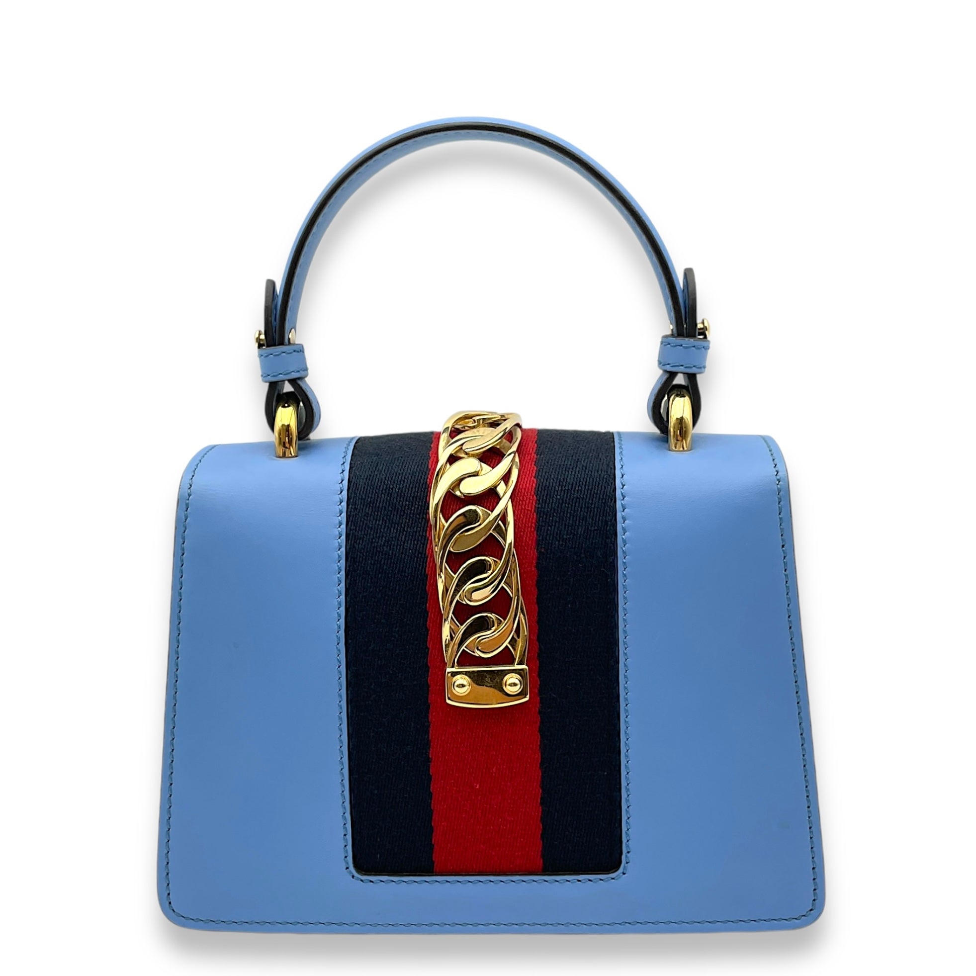 Sylvie Blue Top Handle Bag in Calfskin, Gold hardware