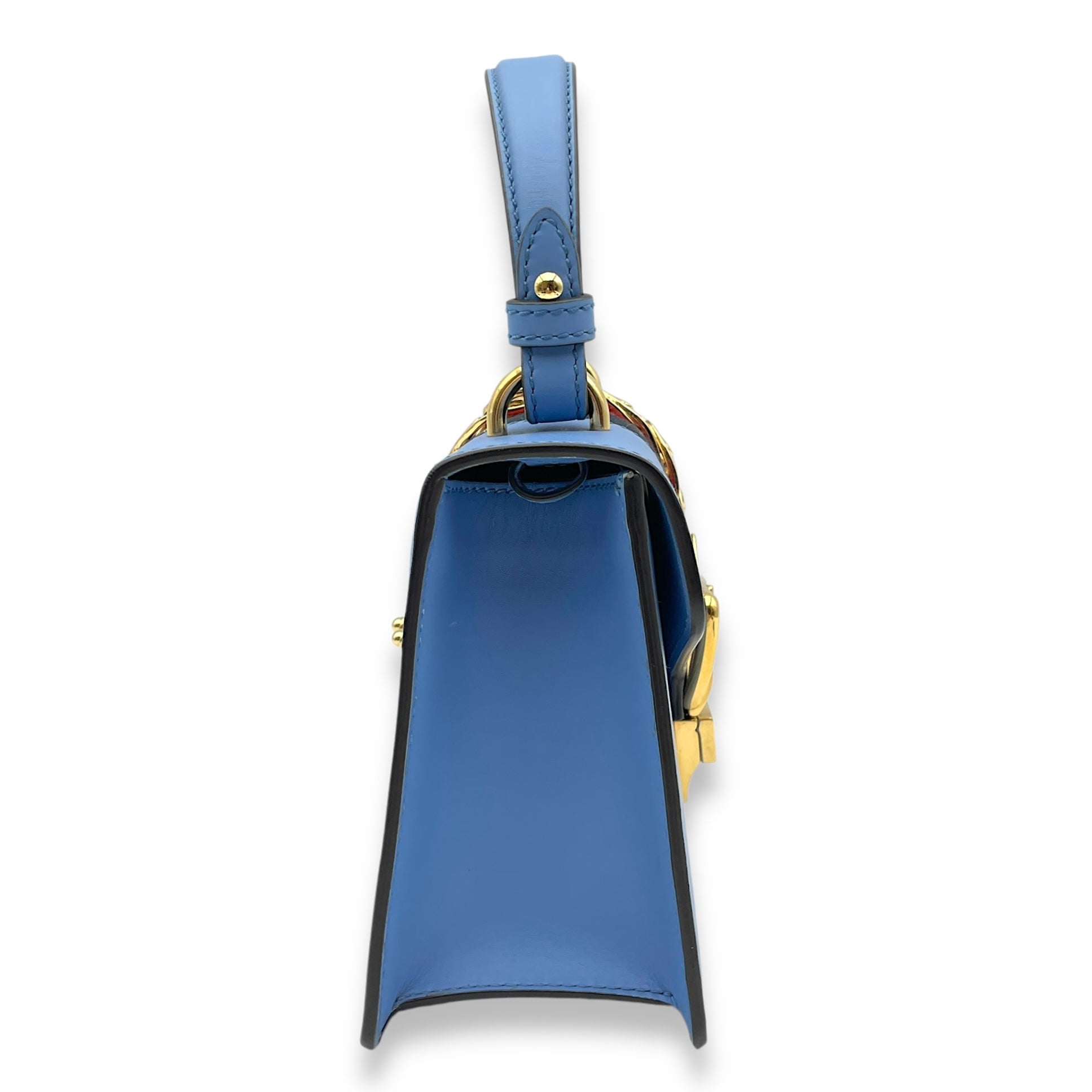 Sylvie Blue Top Handle Bag in Calfskin, Gold hardware