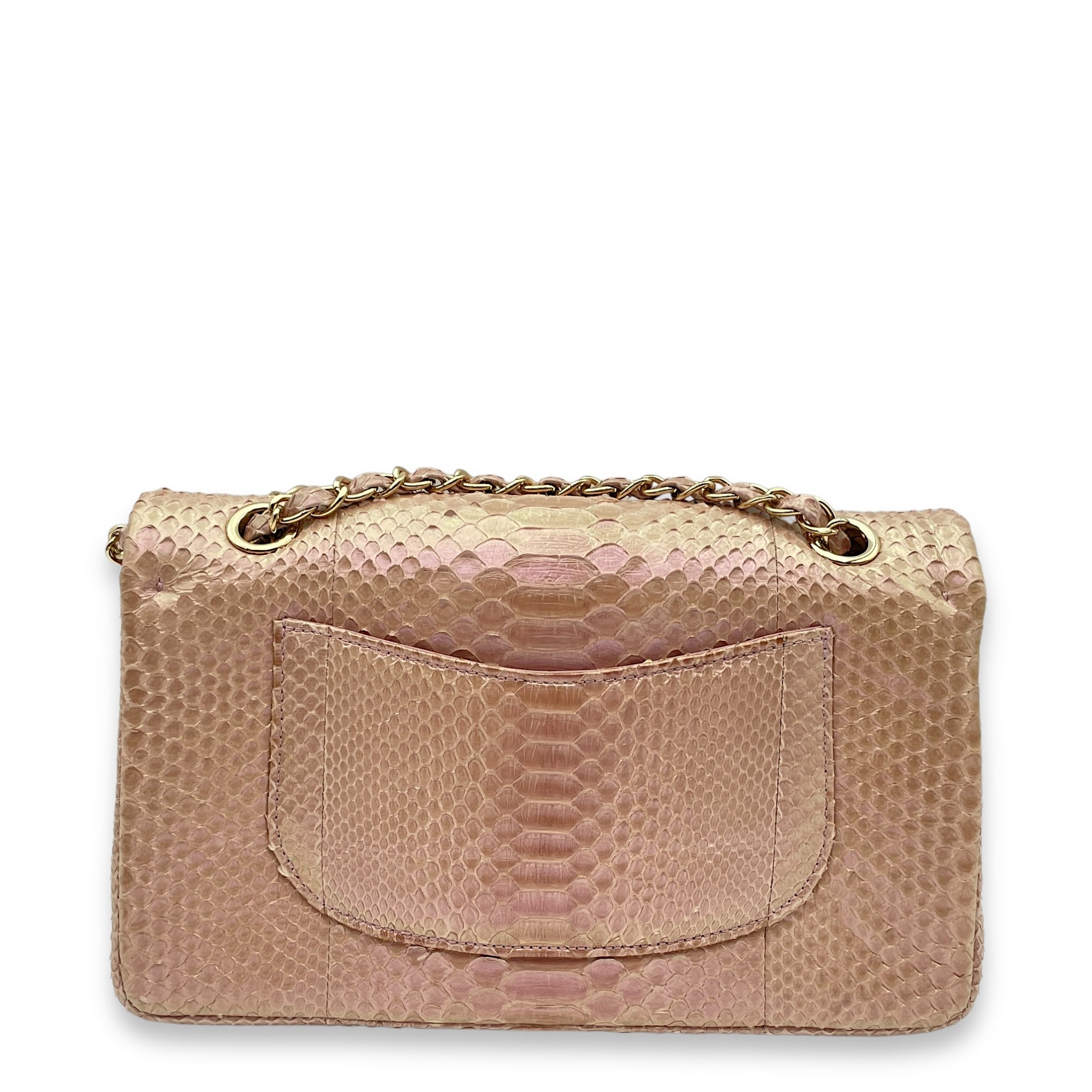 Classic Double Flap Medium Iridescent Pink Shoulder Bag in Python/Lambskin, Gold hardware