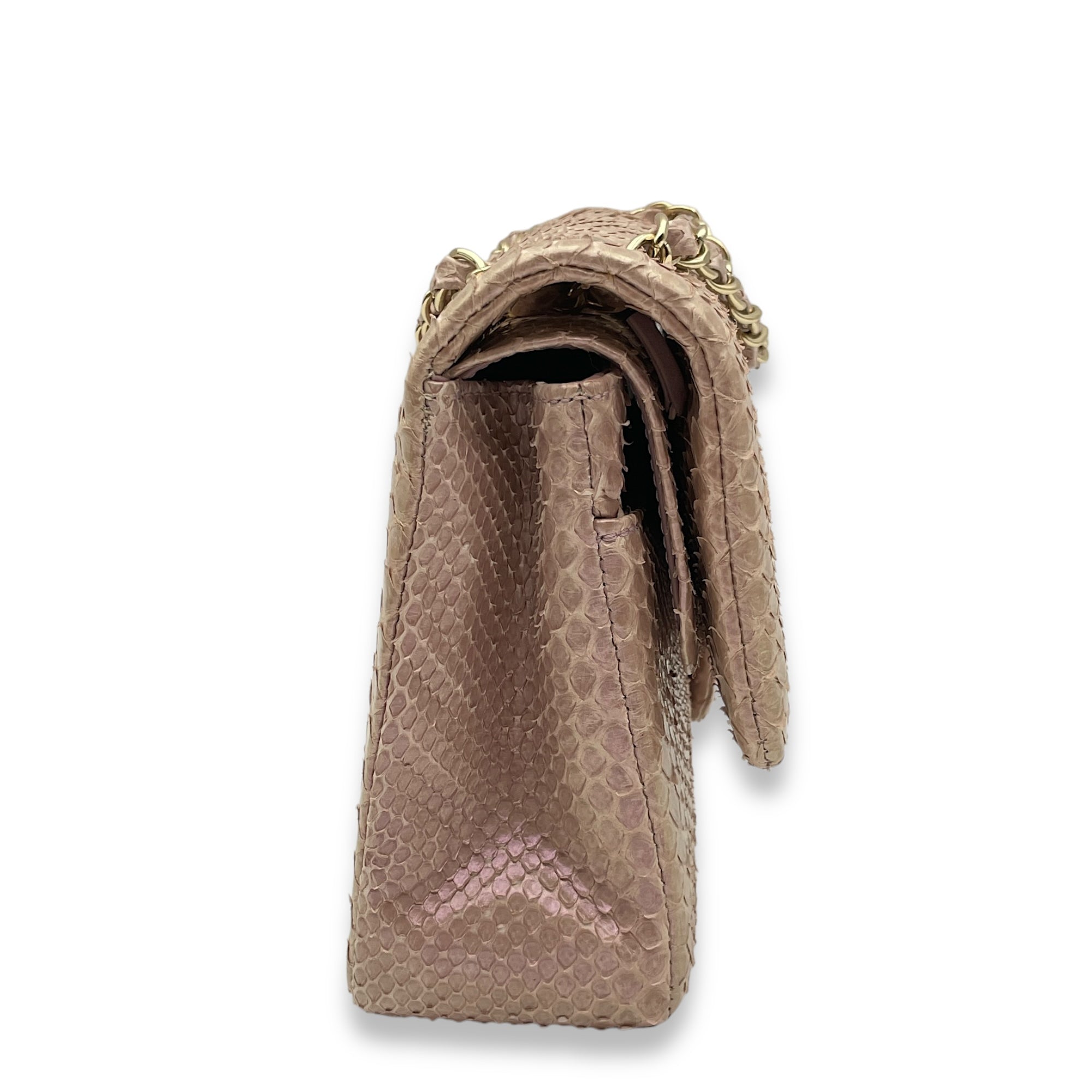 Classic Double Flap Medium Iridescent Pink Shoulder Bag in Python/Lambskin, Gold hardware