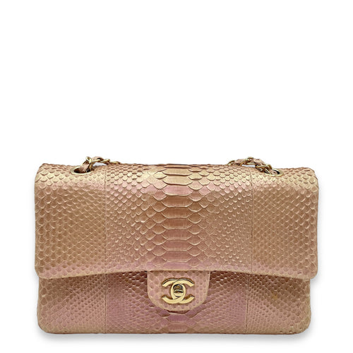 Classic Double Flap Medium Iridescent Pink Shoulder Bag in Python/Lambskin, Gold hardware