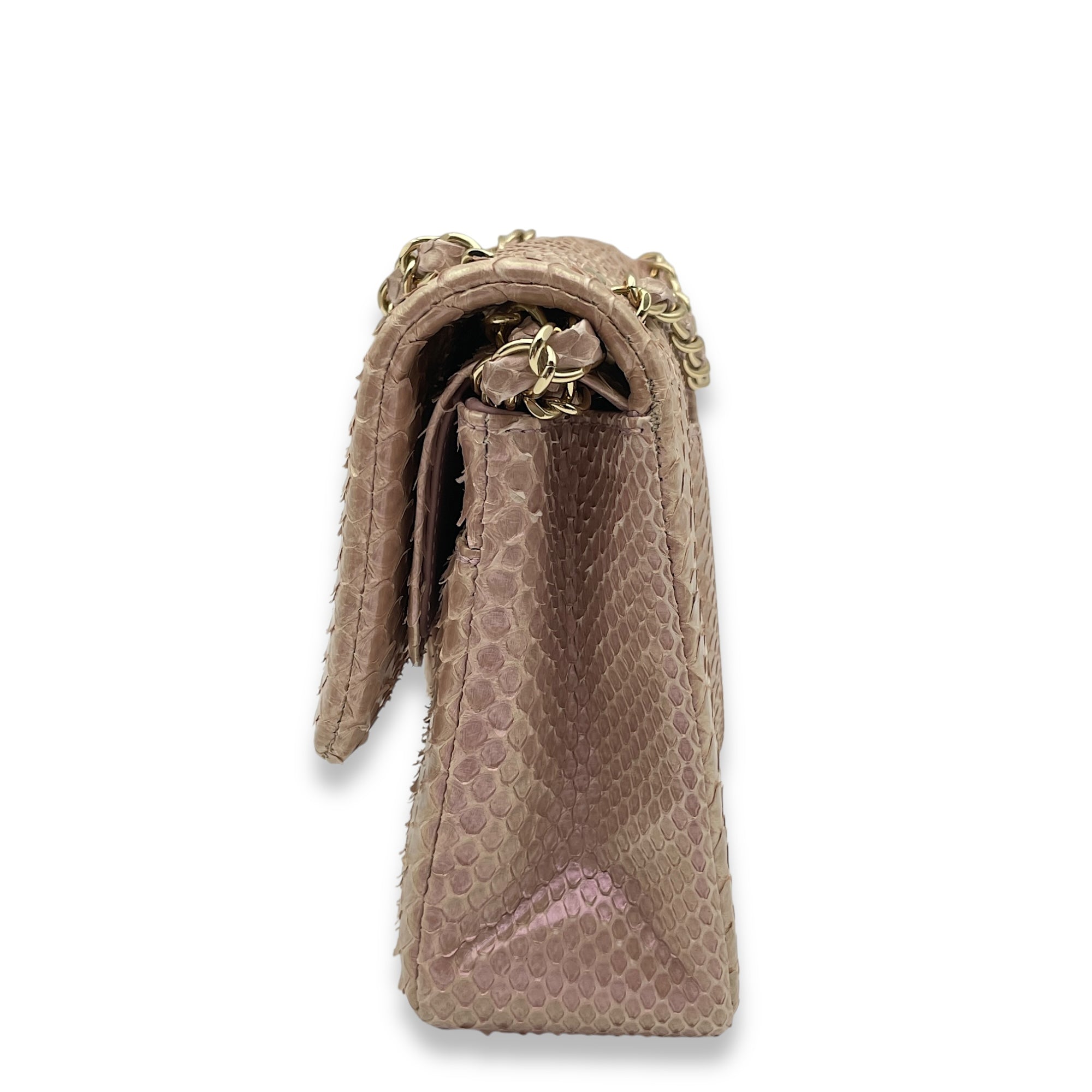 Classic Double Flap Medium Iridescent Pink Shoulder Bag in Python/Lambskin, Gold hardware