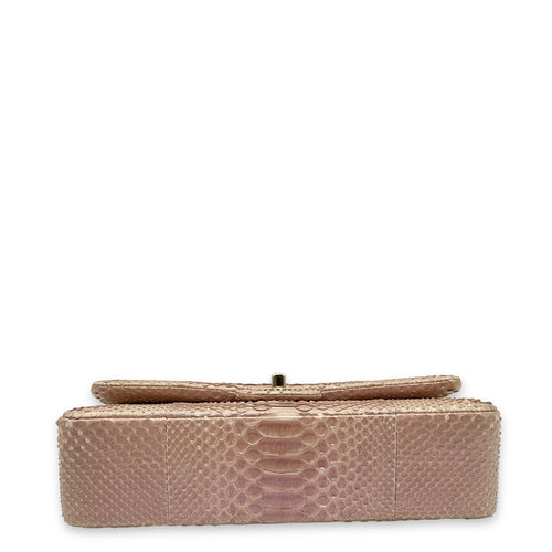 Classic Double Flap Medium Iridescent Pink Shoulder Bag in Python/Lambskin, Gold hardware