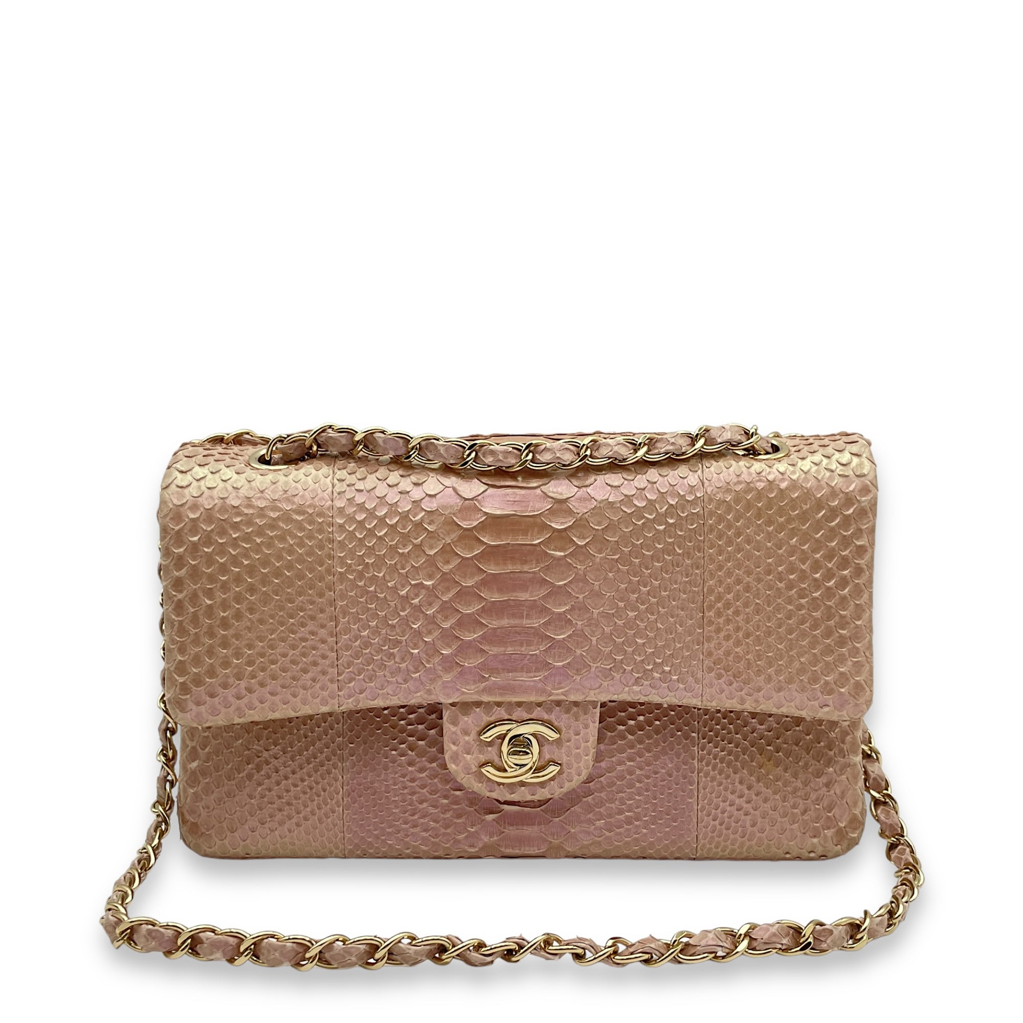 Classic Double Flap Medium Iridescent Pink Shoulder Bag in Python/Lambskin, Gold hardware