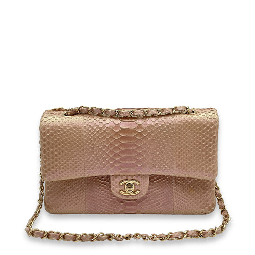 Classic Double Flap Medium Iridescent Pink Shoulder Bag in Python/Lambskin, Gold hardware