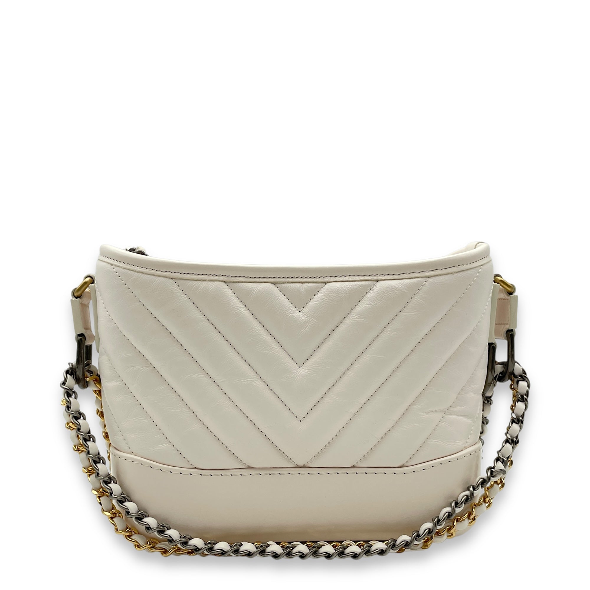 Chevron Gabrielle Small White Shoulder Bag in Calfskin, Gold/Ruthenium/Silver hardware