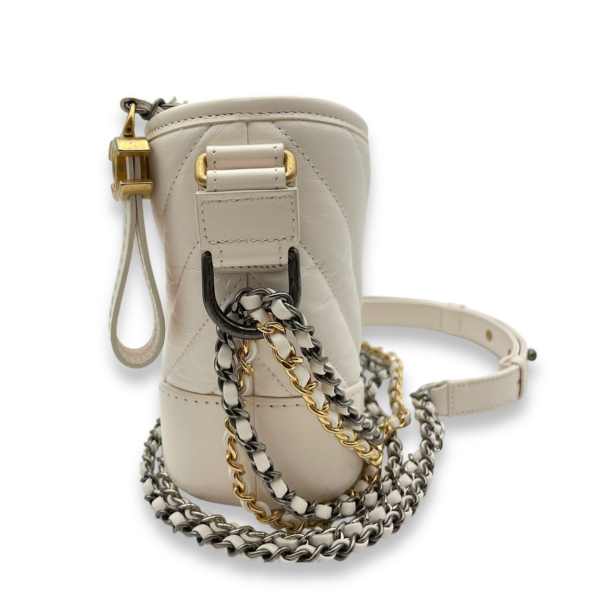 Chevron Gabrielle Small White Shoulder Bag in Calfskin, Gold/Ruthenium/Silver hardware