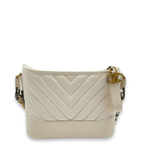 Chevron Gabrielle Small White Shoulder Bag in Calfskin, Gold/Ruthenium/Silver hardware