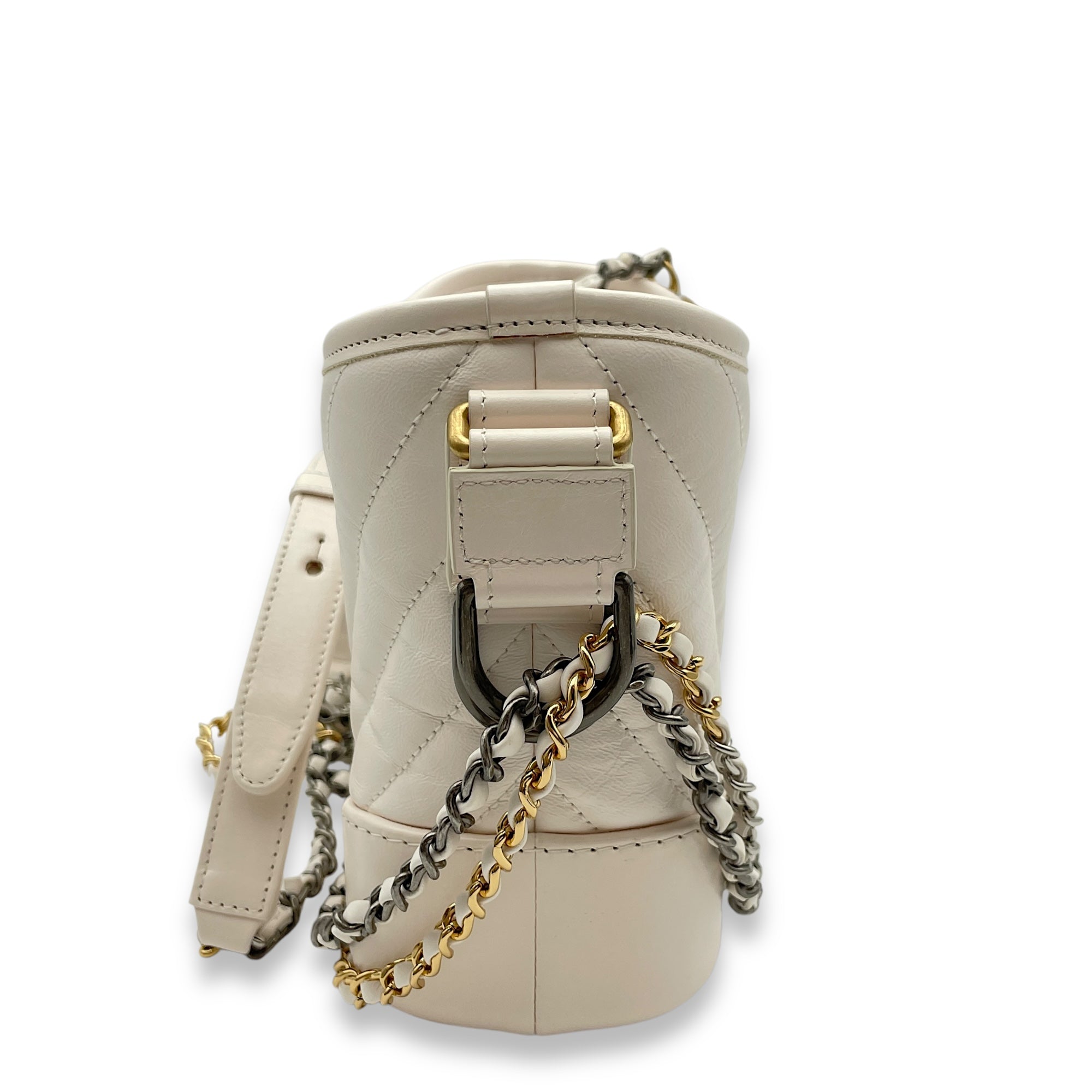 Chevron Gabrielle Small White Shoulder Bag in Calfskin, Gold/Ruthenium/Silver hardware