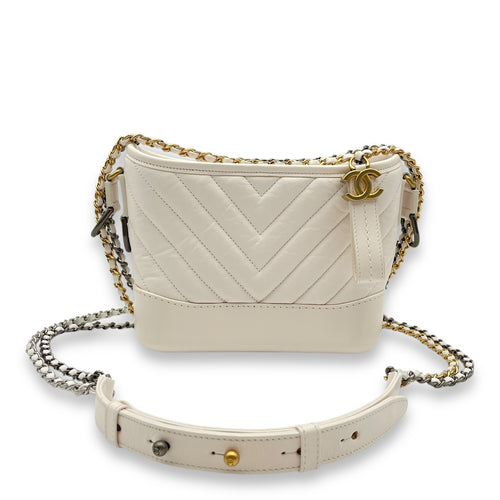 Chevron Gabrielle Small White Shoulder Bag in Calfskin, Gold/Ruthenium/Silver hardware