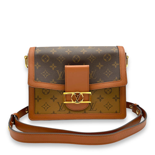 Dauphine MM Reverse Monogram Shoulder Bag in Monogram Coated Canvas, Gold hardware