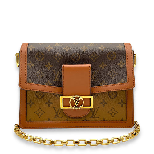 Dauphine MM Reverse Monogram Shoulder Bag in Monogram Coated Canvas, Gold hardware