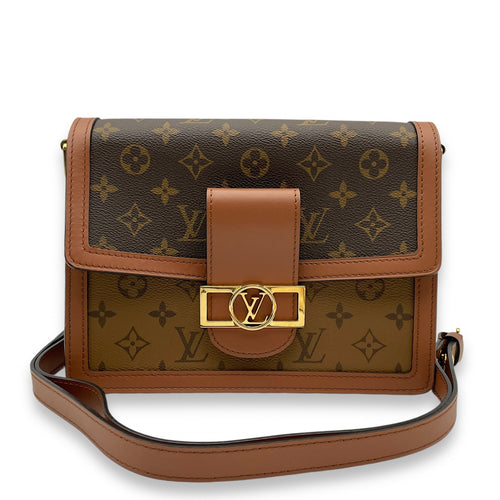 Dauphine MM Reverse Monogram Shoulder Bag in Monogram Coated Canvas, Gold hardware