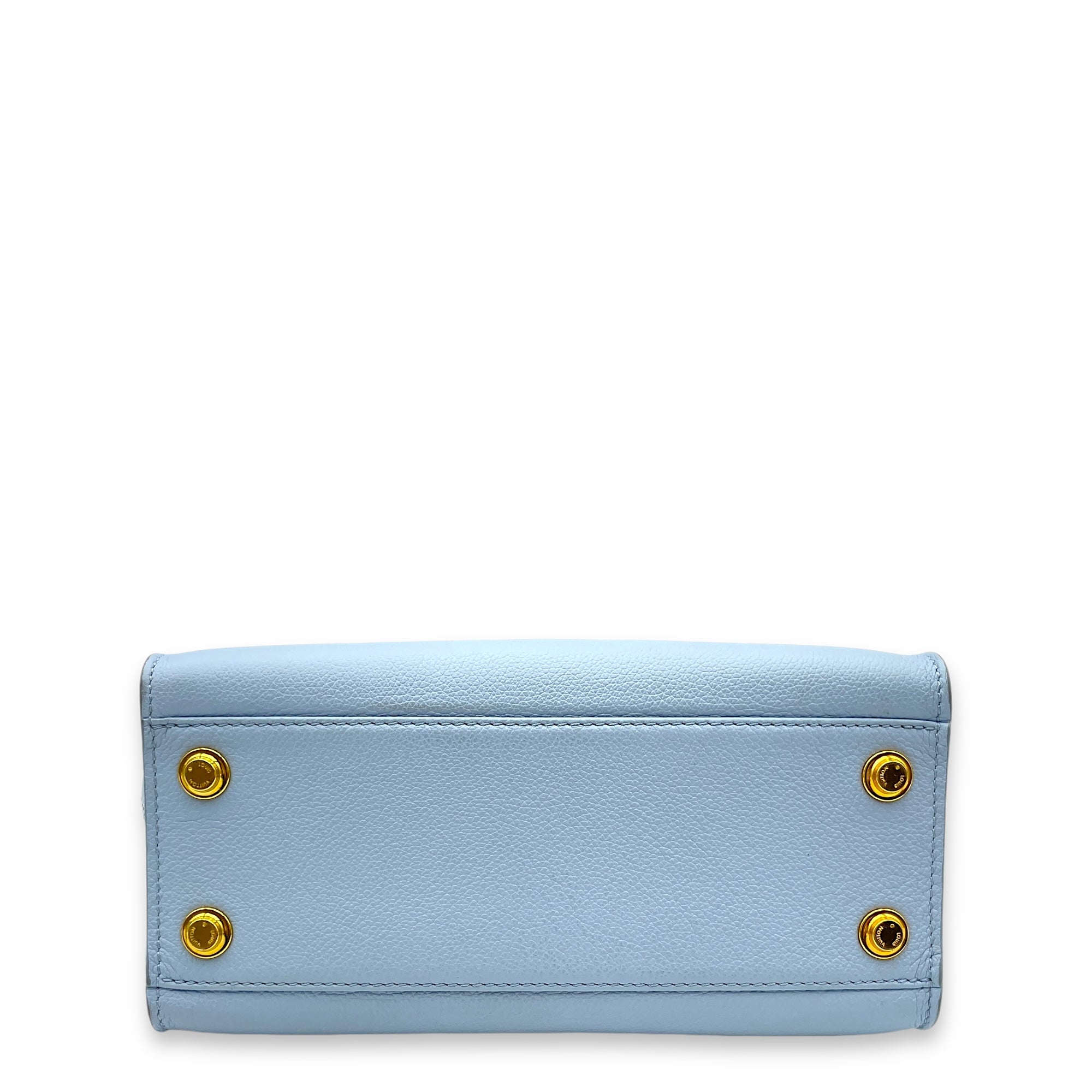 On My Side PM Blue Top Handle Bag in Calfskin, Gold hardware