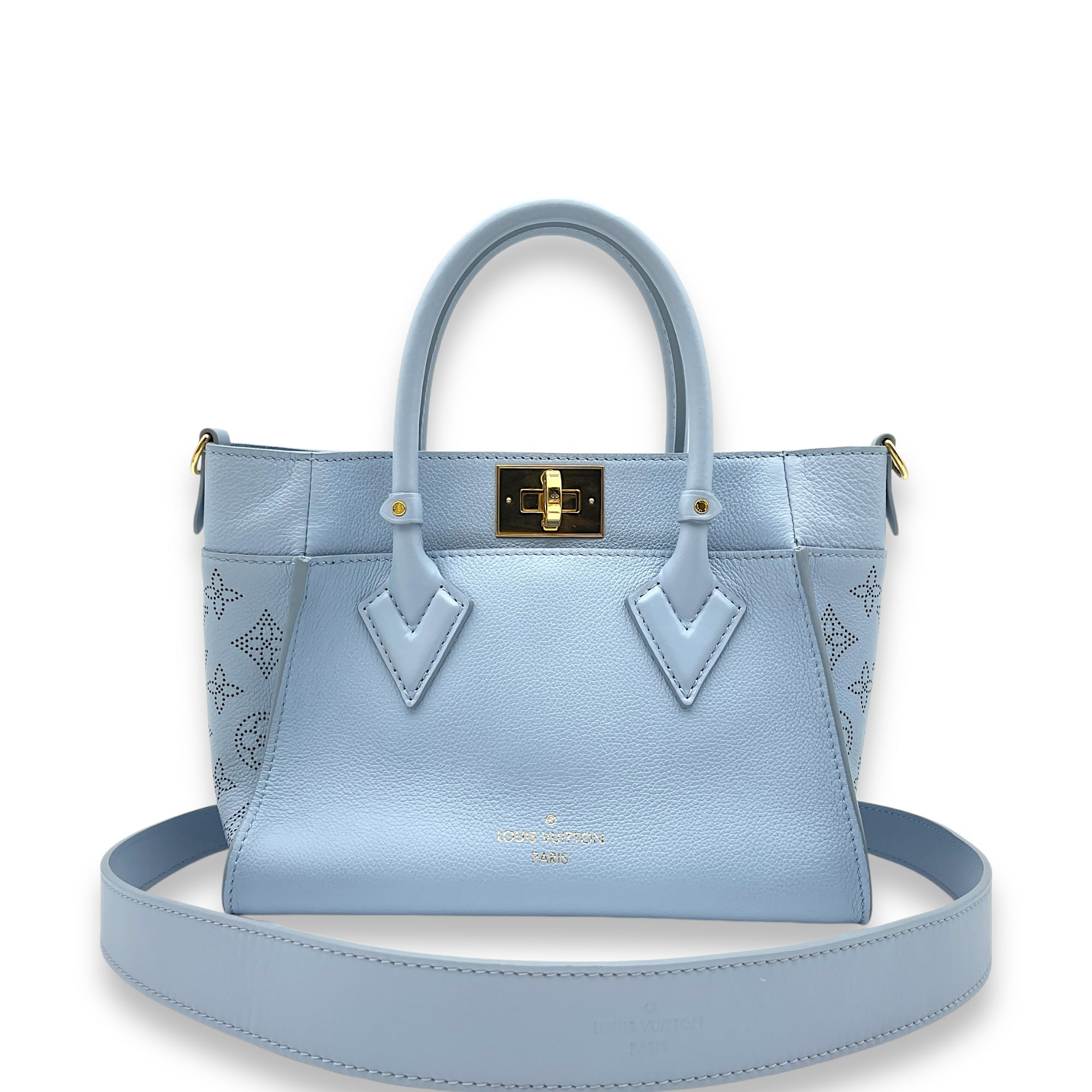 On My Side PM Blue Top Handle Bag in Calfskin, Gold hardware