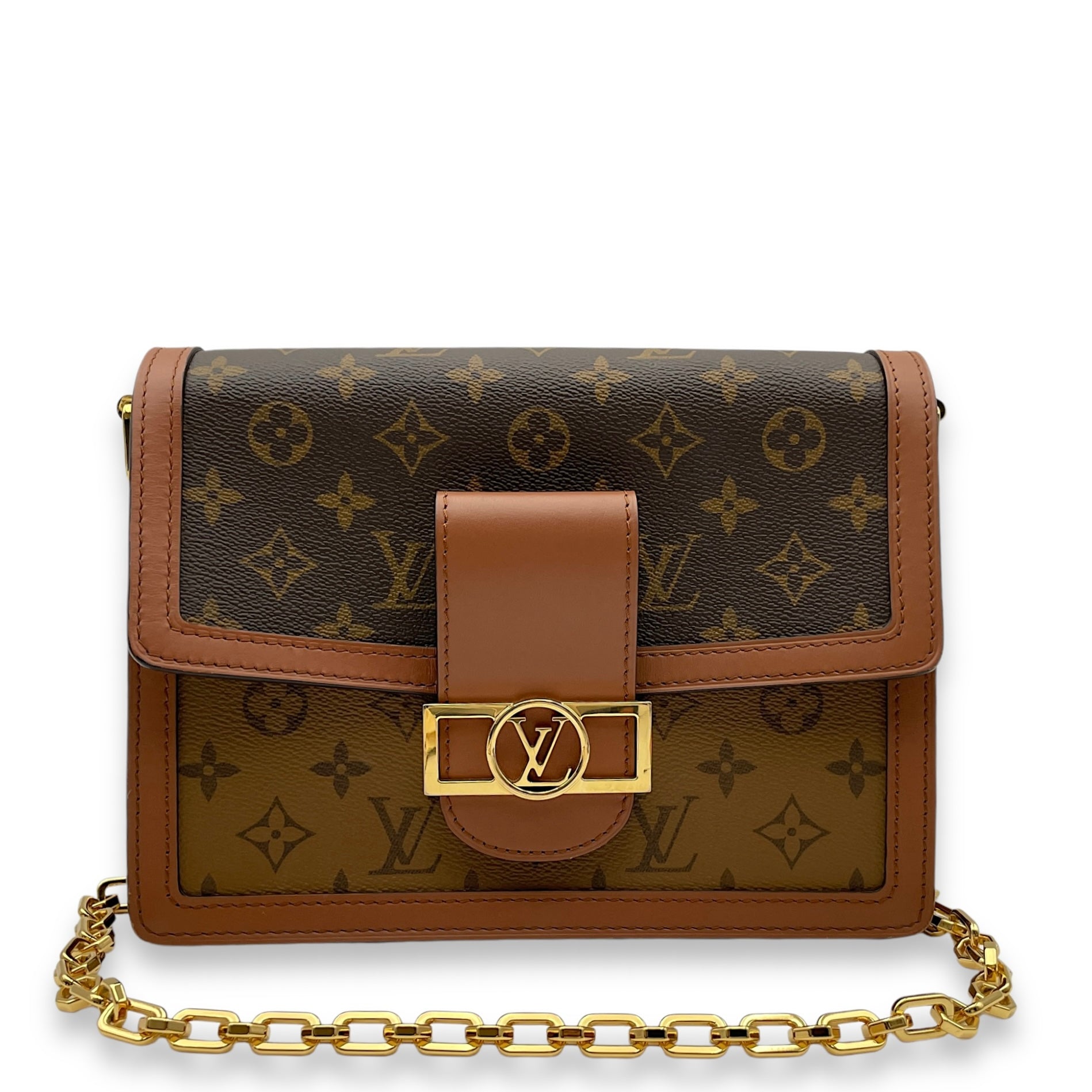 Dauphine MM Reverse Monogram Shoulder Bag in Monogram Coated Canvas, Gold hardware