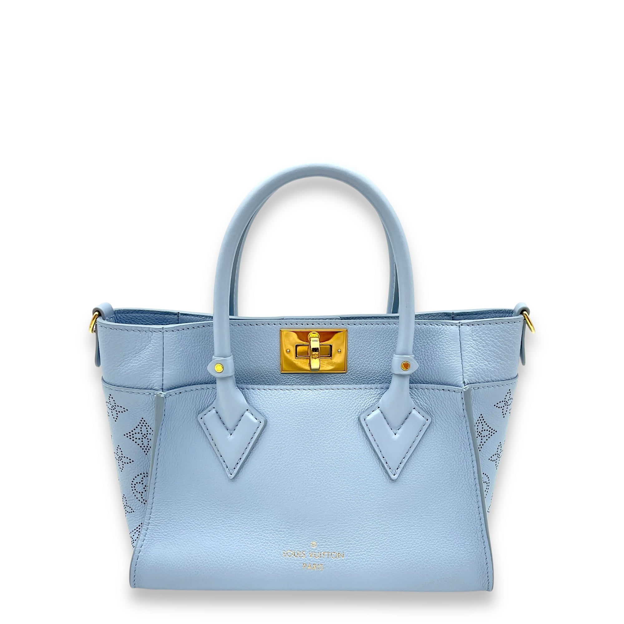 On My Side PM Blue Top Handle Bag in Calfskin, Gold hardware