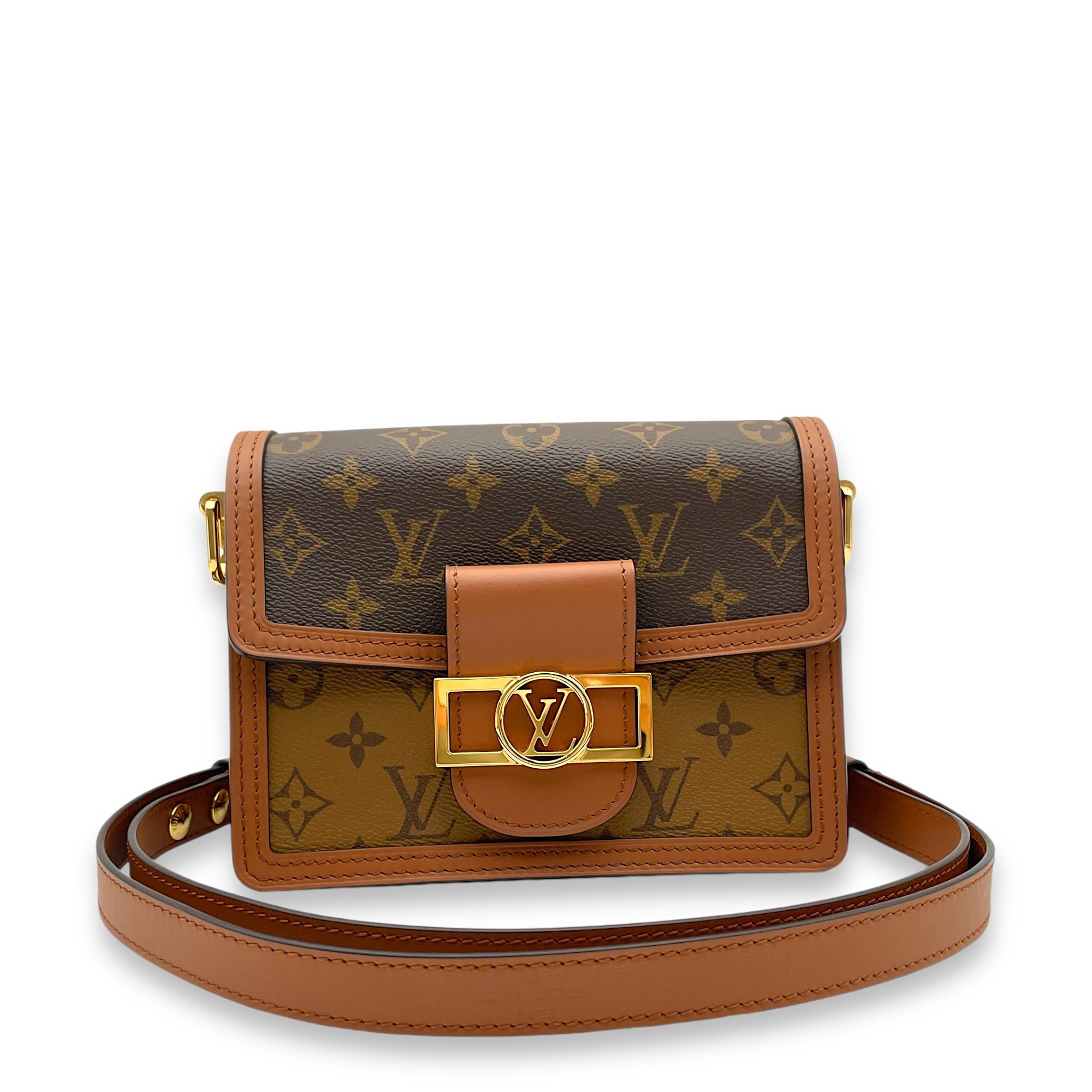 Dauphine Mini Reverse Monogram Shoulder Bag in Monogram Coated Canvas, Gold hardware