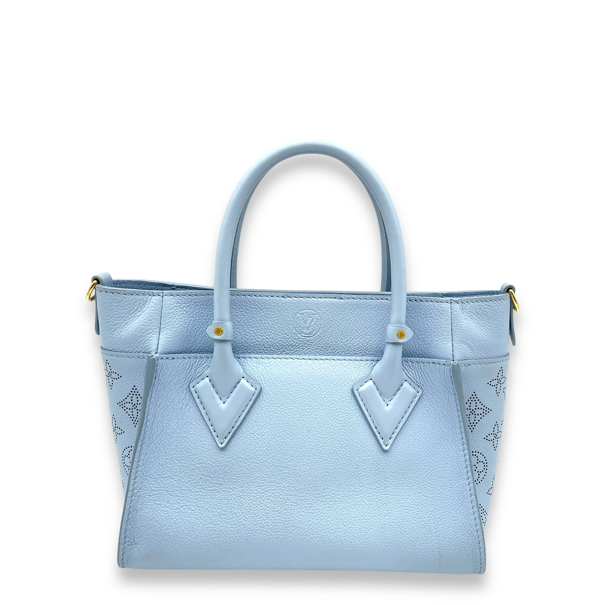 On My Side PM Blue Top Handle Bag in Calfskin, Gold hardware