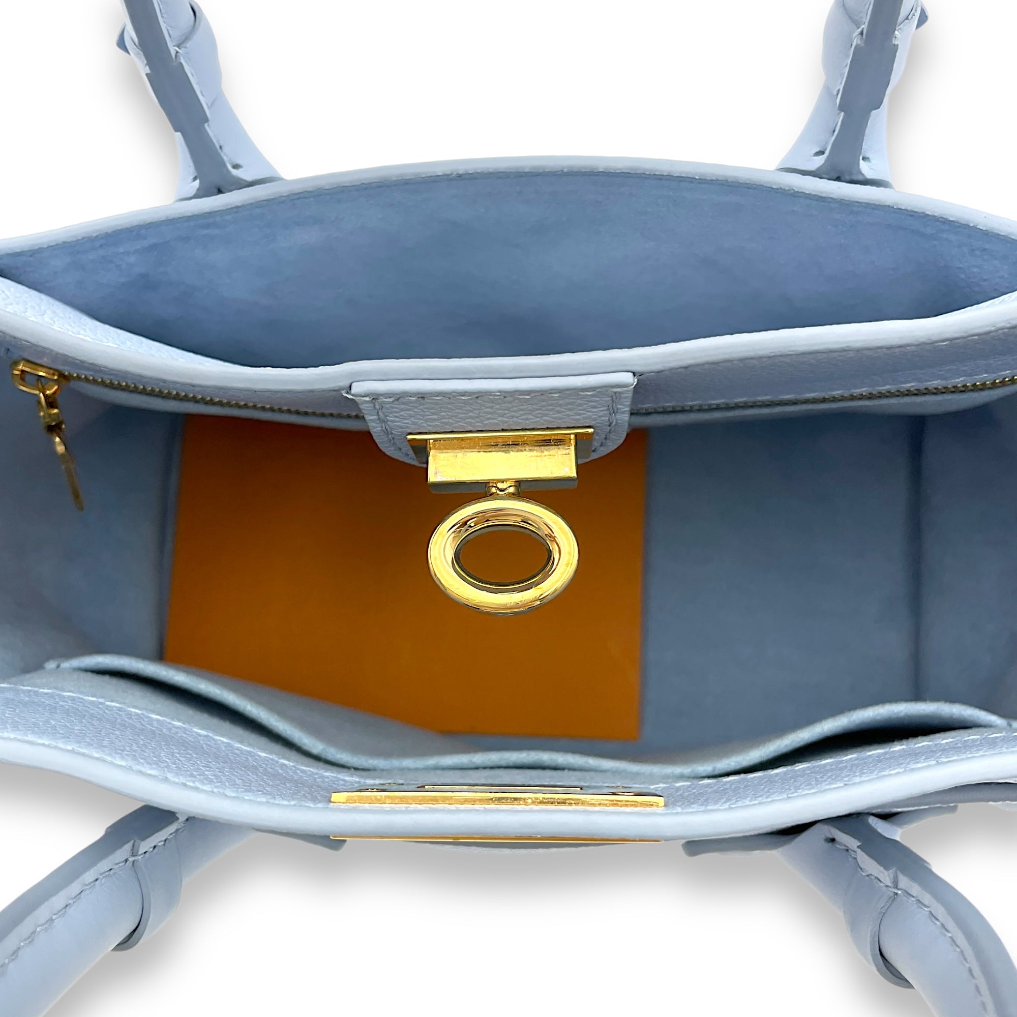 On My Side PM Blue Top Handle Bag in Calfskin, Gold hardware