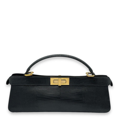 Peekaboo ISeeU Stretch Black Top Handle Bag in Lizard, Gold hardware