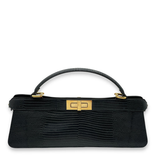 Peekaboo ISeeU Stretch Black Top Handle Bag in Lizard, Gold hardware