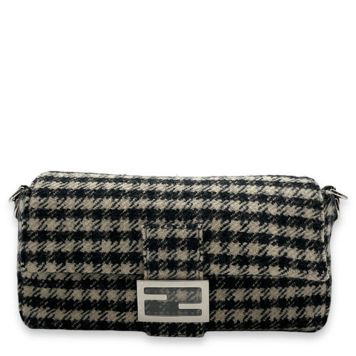 Houndstooth Baguette Black/White Shoulder Bag in Wool, Silver hardware