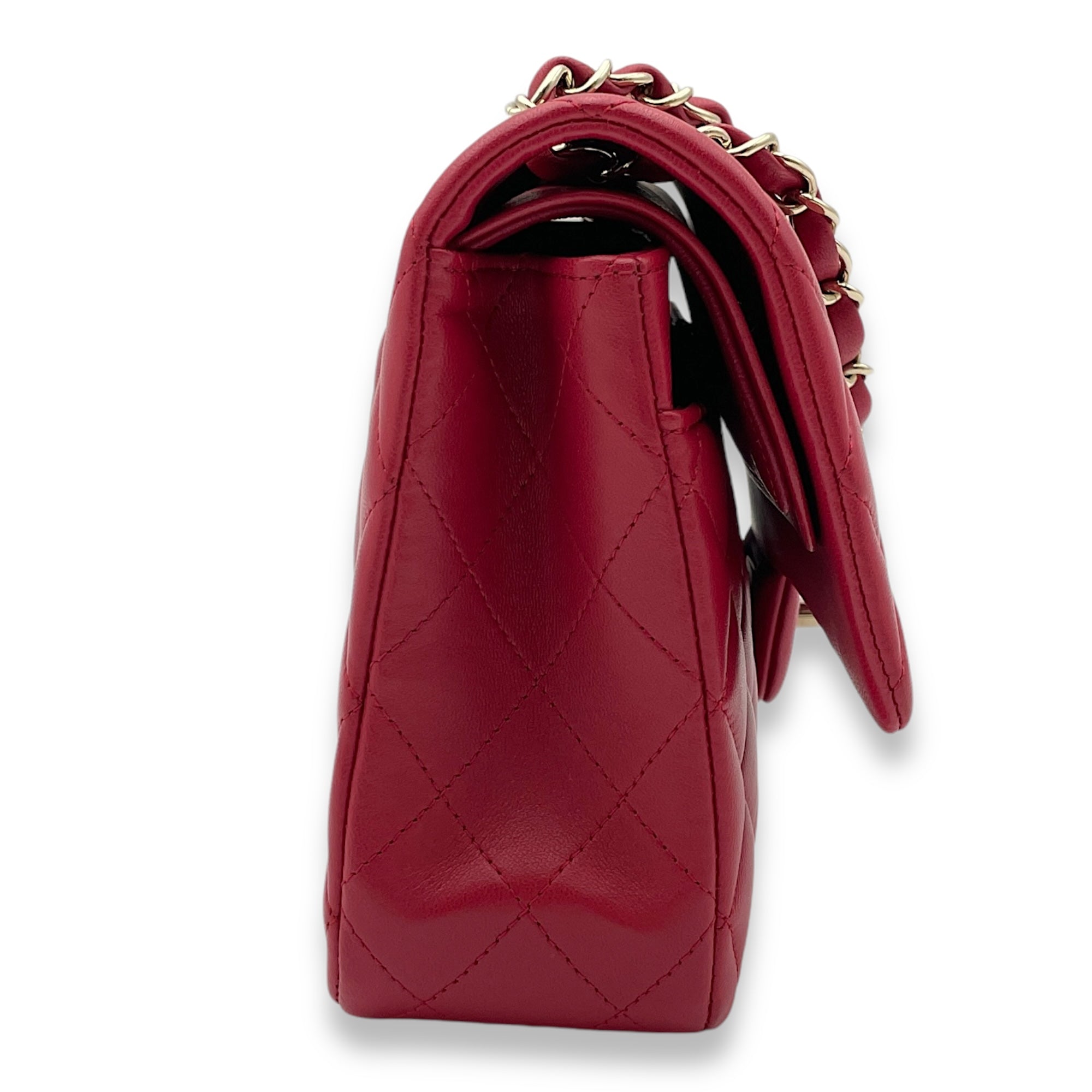 Classic Double Flap Medium Red Shoulder Bag in Lambskin, Light Gold hardware