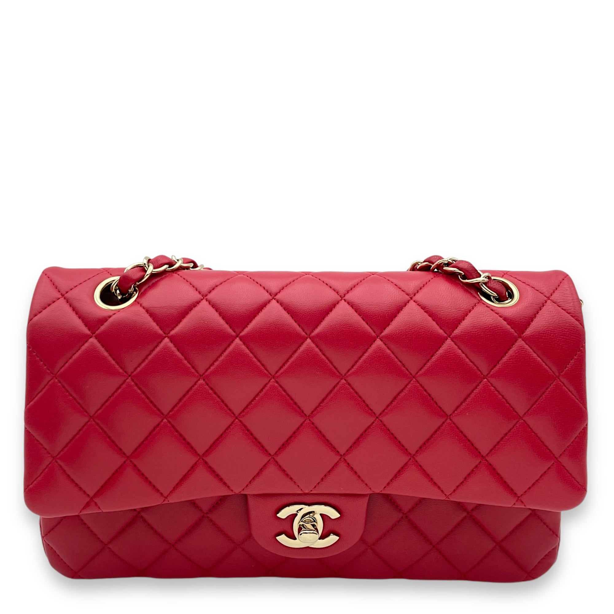 Classic Double Flap Medium Red Shoulder Bag in Lambskin, Light Gold hardware