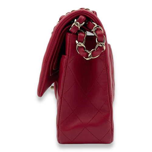 Classic Double Flap Medium Red Shoulder Bag in Lambskin, Light Gold hardware