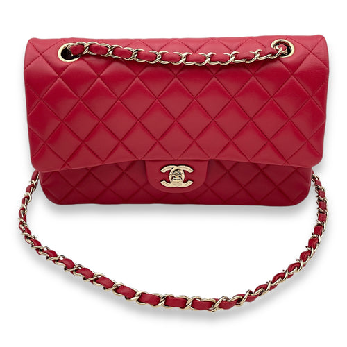 Classic Double Flap Medium Red Shoulder Bag in Lambskin, Light Gold hardware