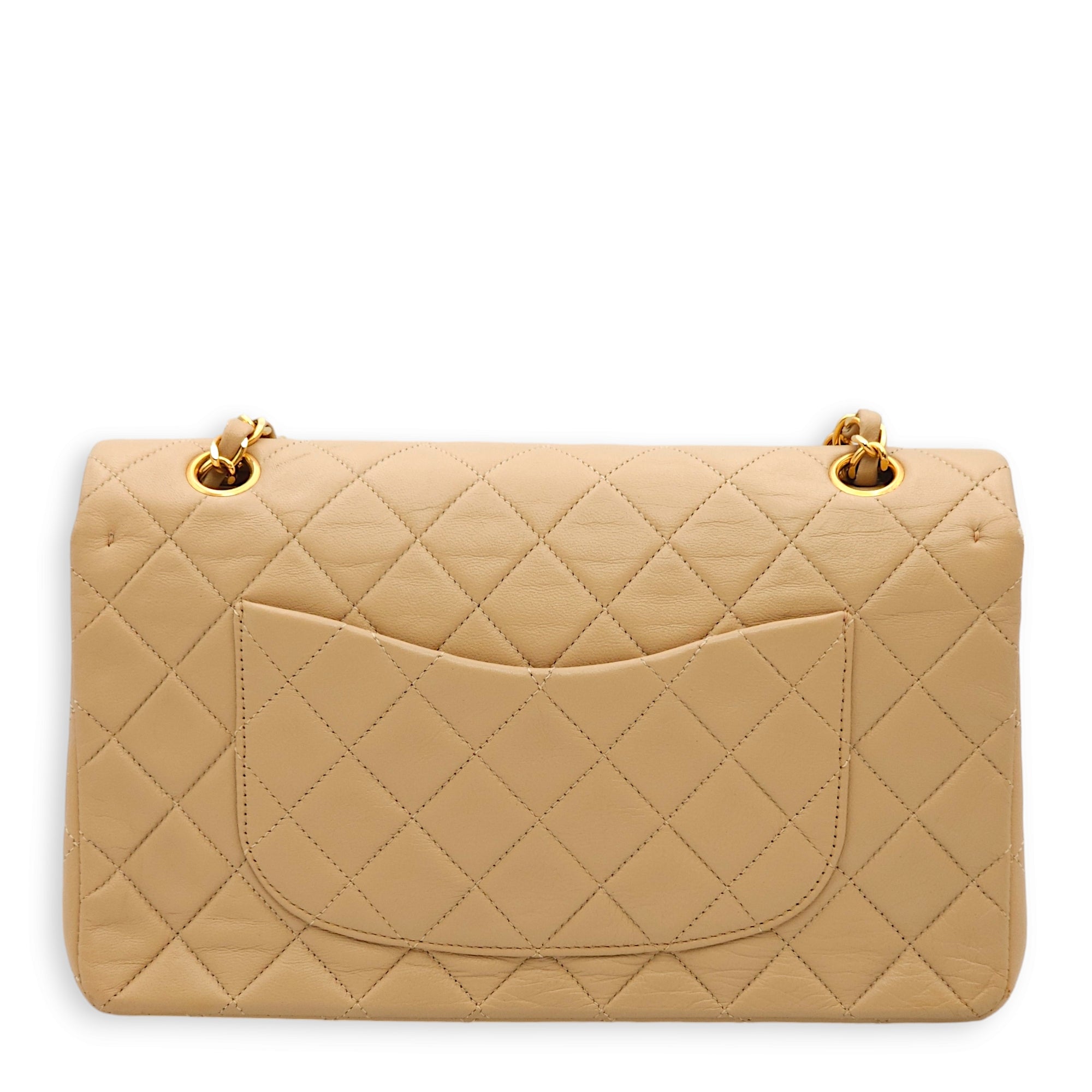 Vintage Classic Double Flap Medium Beige Shoulder Bag in Lambskin, Gold hardware