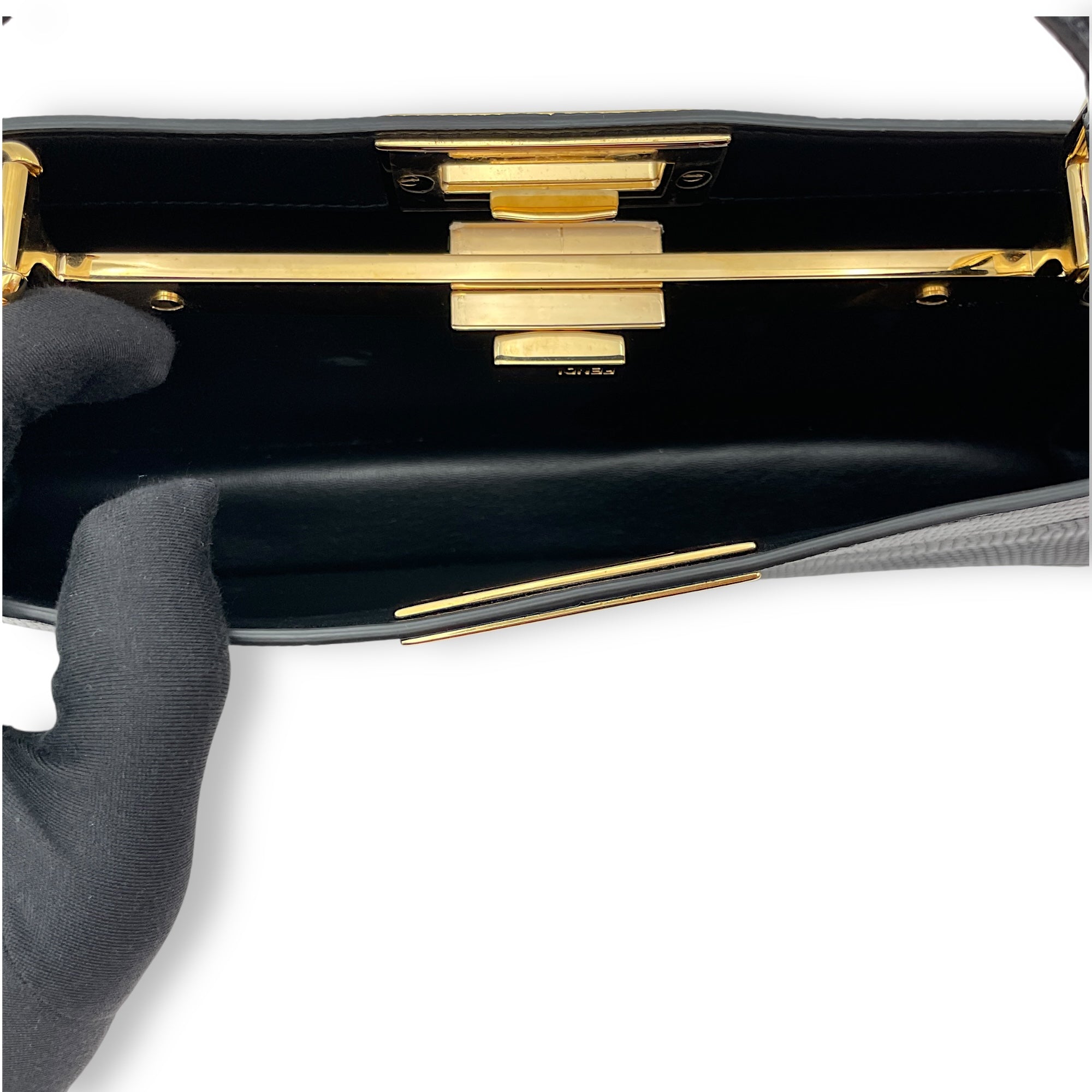 Peekaboo ISeeU Stretch Black Top Handle Bag in Lizard, Gold hardware