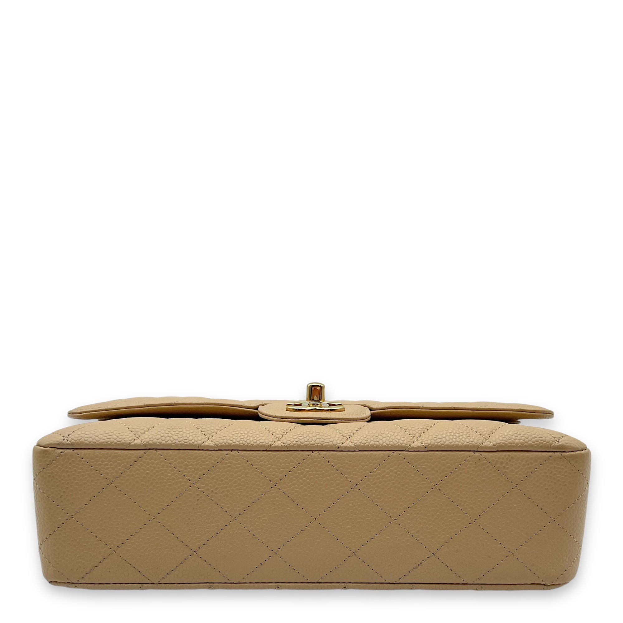 Classic Double Flap Medium Beige Shoulder Bag in Caviar, Gold hardware